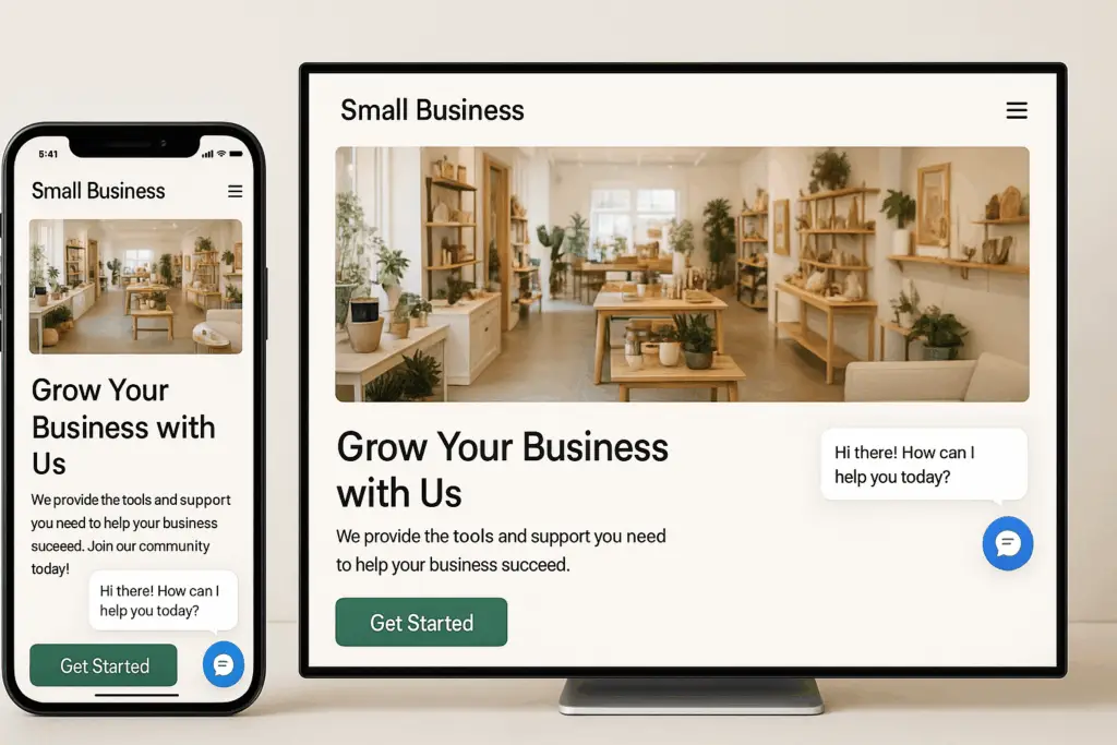 A mobile-optimized small business website with AI chatbot in corner