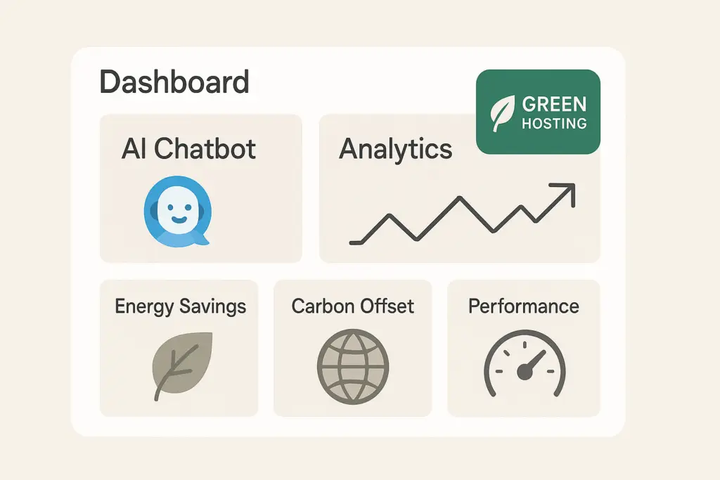 Website dashboard with AI tools and sustainable hosting badge