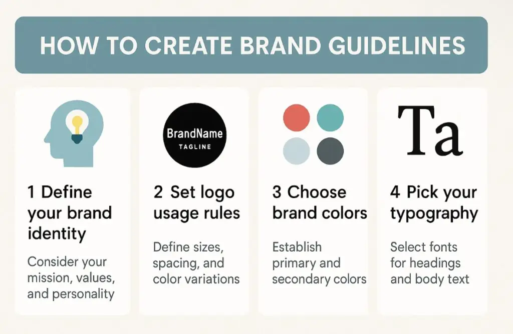 Sample brand guideline page with logo rules, colors, and fonts