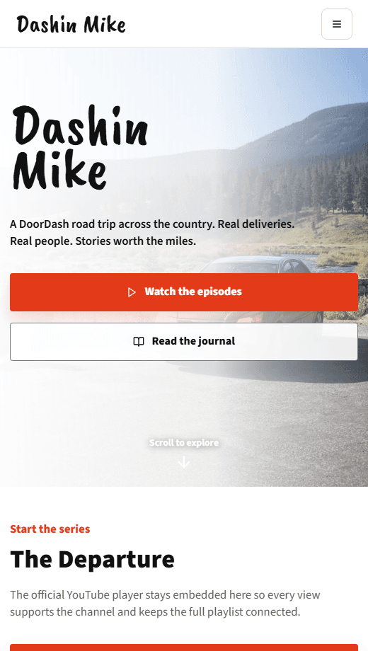 Dashin Mike road trip series website built by Baumbach Solutions, mobile view