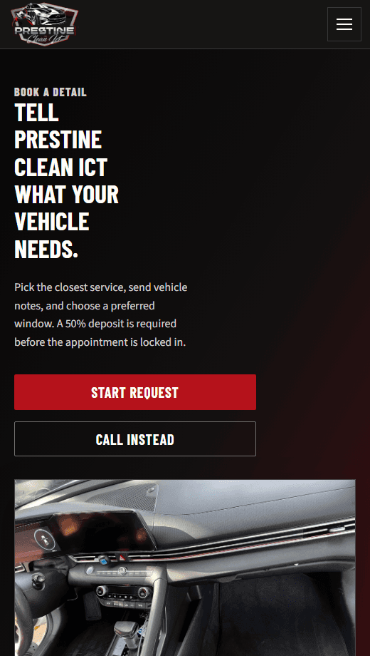 Prestine Clean ICT Wichita auto detailing website built by Baumbach Solutions, mobile view