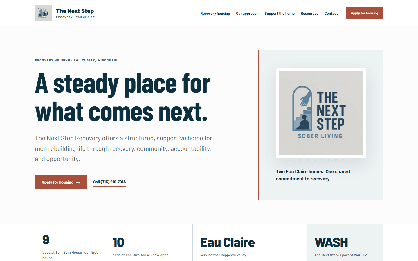 The Next Step Recovery rebuilt homepage captured September 4, 2026, desktop view