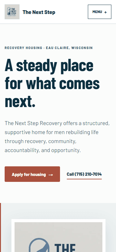 The Next Step Recovery rebuilt homepage captured September 4, 2026, mobile view