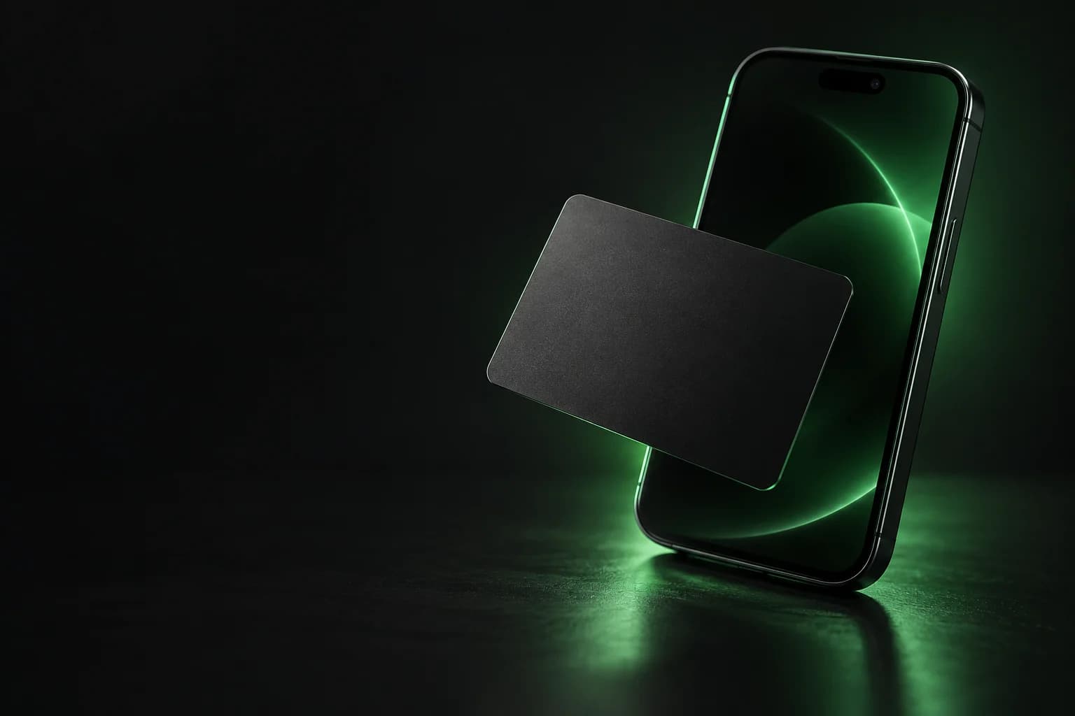 Illustration of a blank black NFC card beside a phone