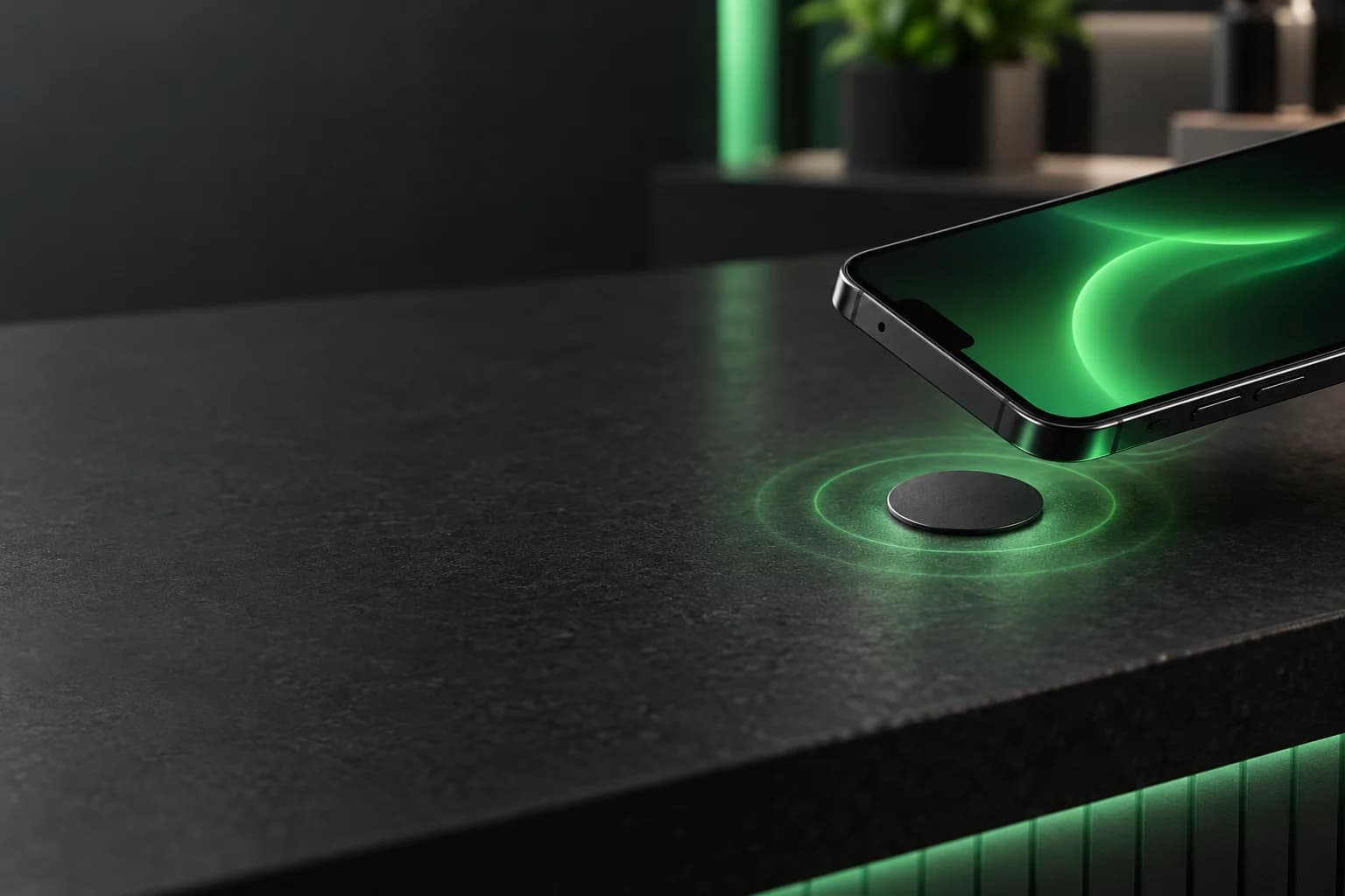 Illustration of a small round adhesive NFC tag at a counter, with a phone held above it