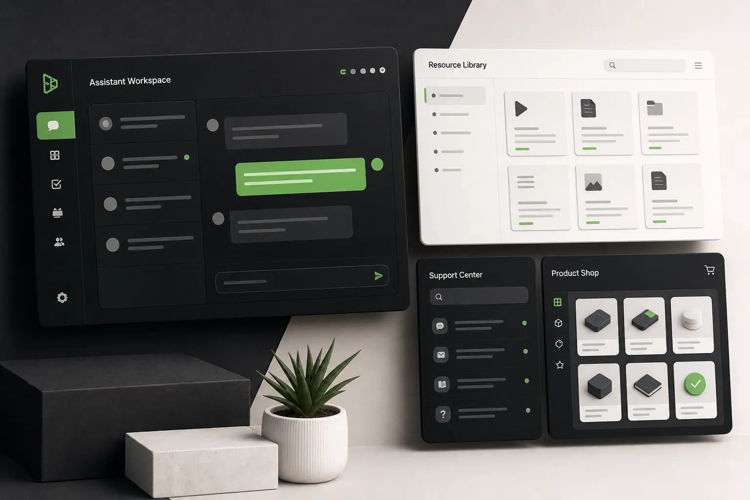 Product preview board showing assistant workspace, resource library, support center, and product shop tools
