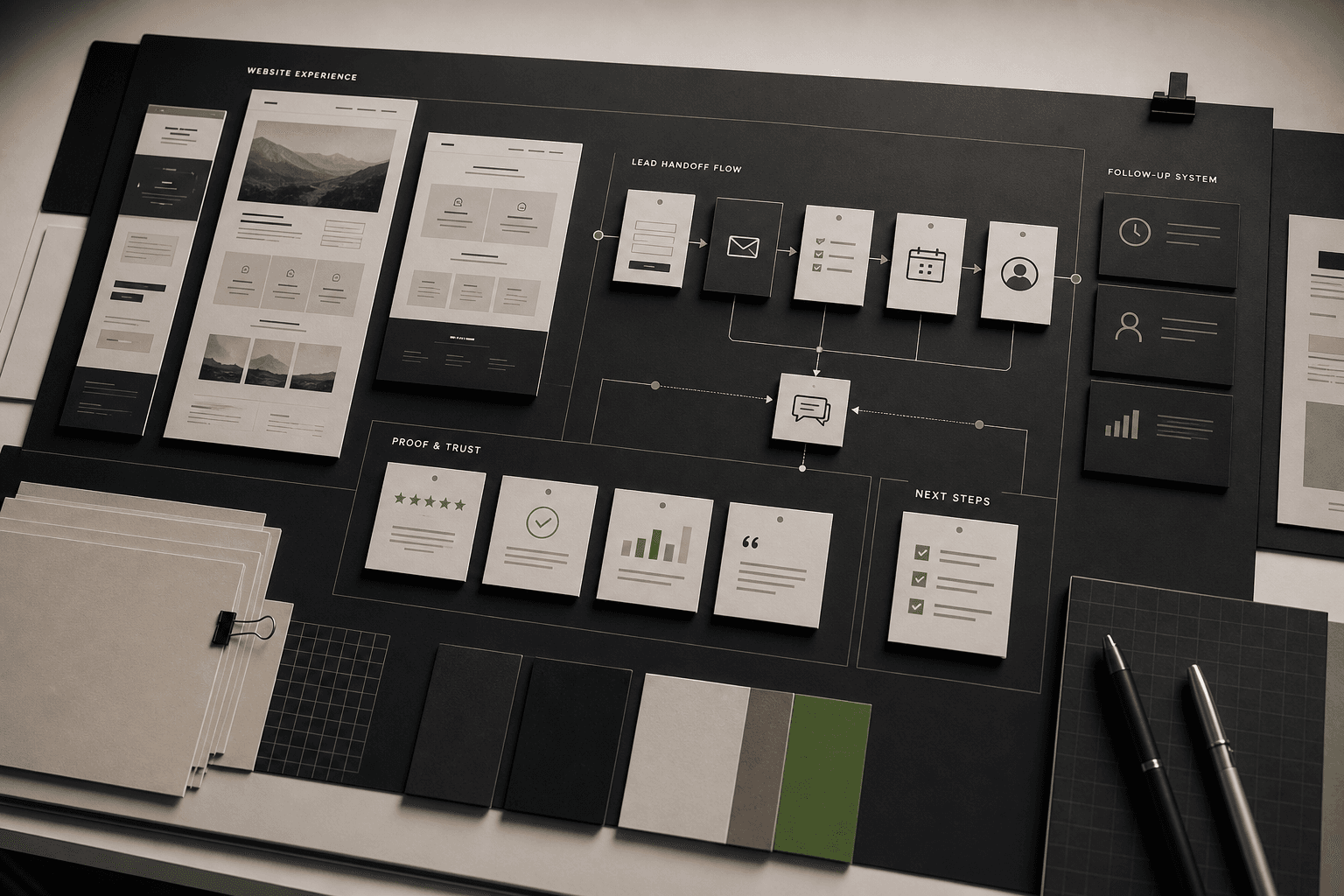 Strategy board showing website clarity, proof placement, contact flow, and follow-up systems