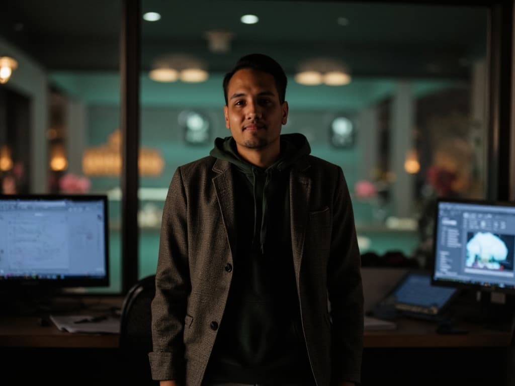 Mike Baumbach standing in an office wearing a blazer and hoodie