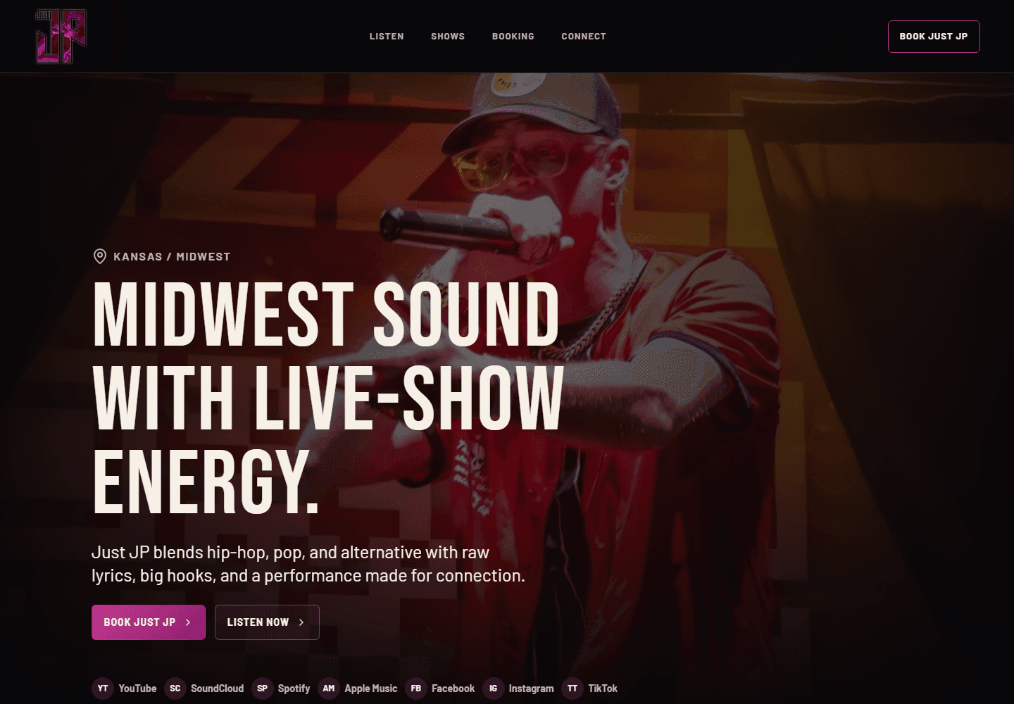Desktop preview of the Just JP artist website used as the flagship Artist Microsites example