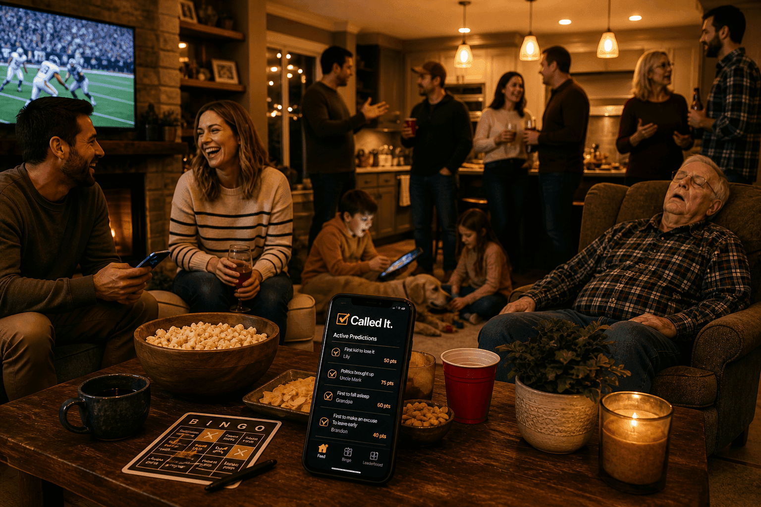 Friends and family gathered in a living room playing Called It on a phone during a game night