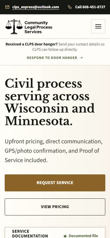 Community Legal Process Services website, actual mobile layout