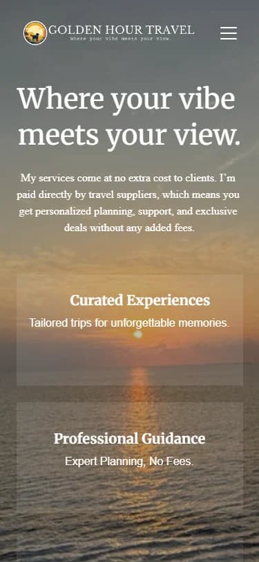 Golden Hour Travel website, actual mobile layout