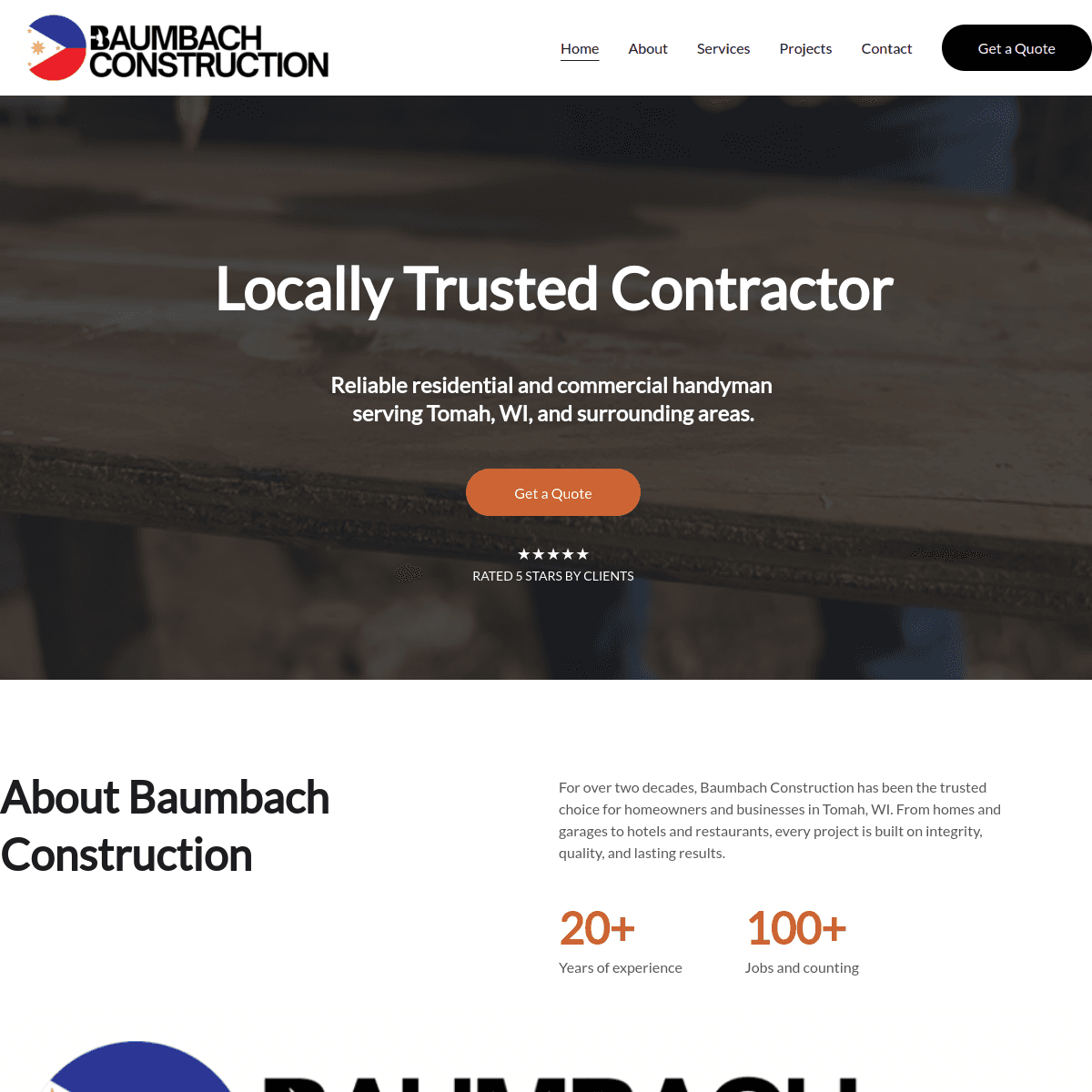 Homepage screenshot of Baumbach Construction website.