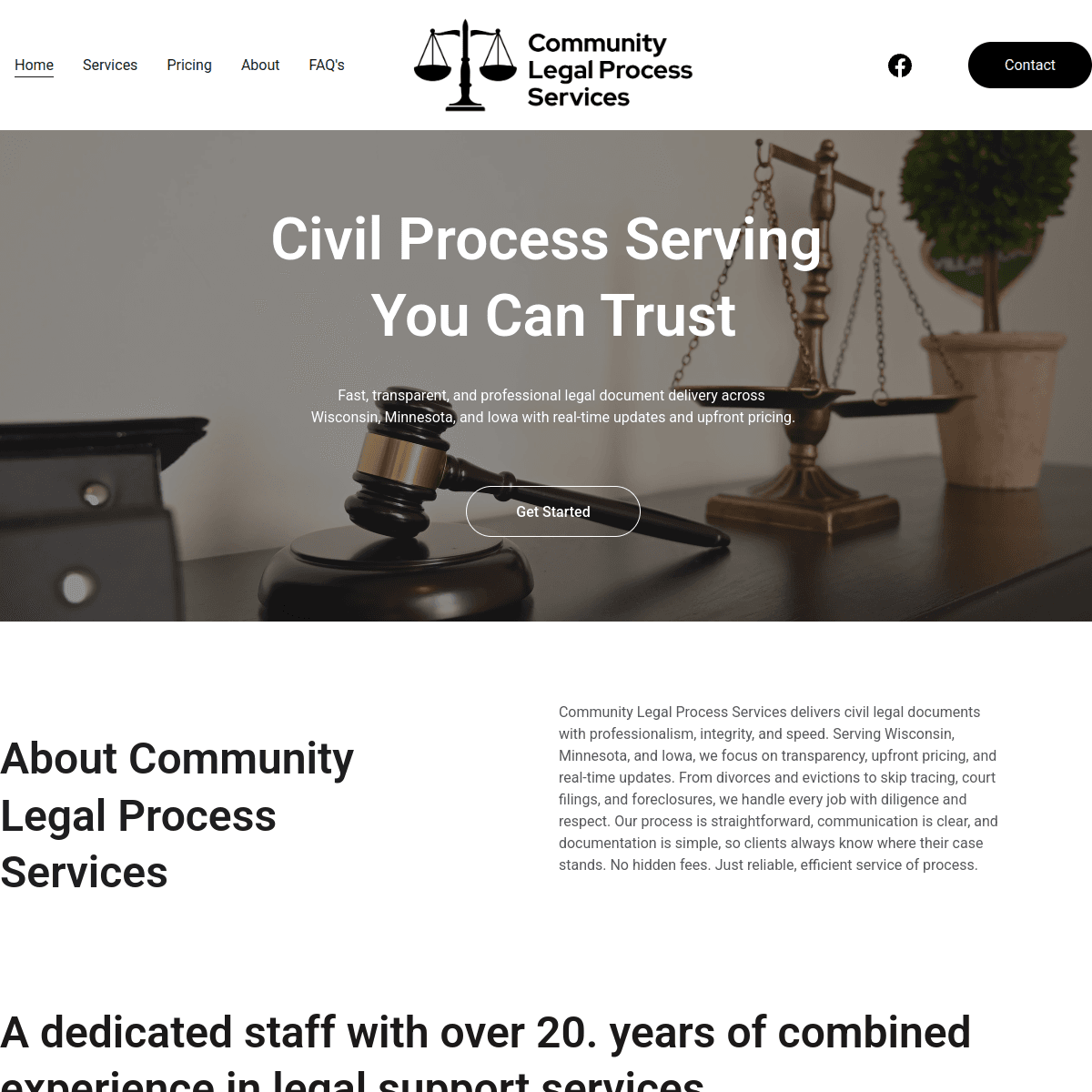 Homepage screenshot of Community Legal Process Services website.