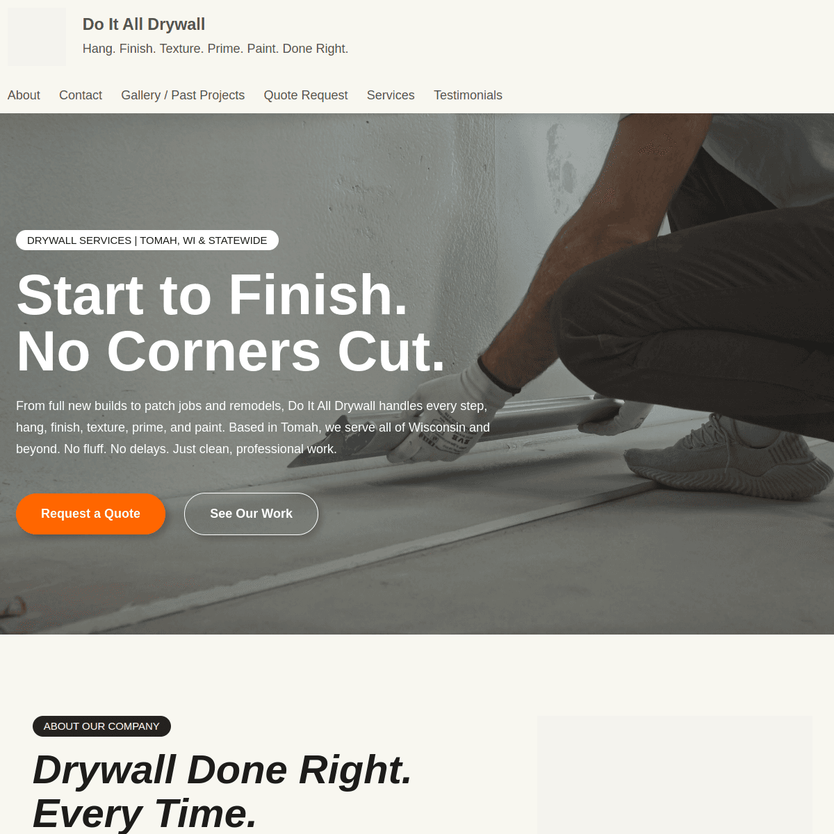 Homepage screenshot of Do It All Drywall website.
