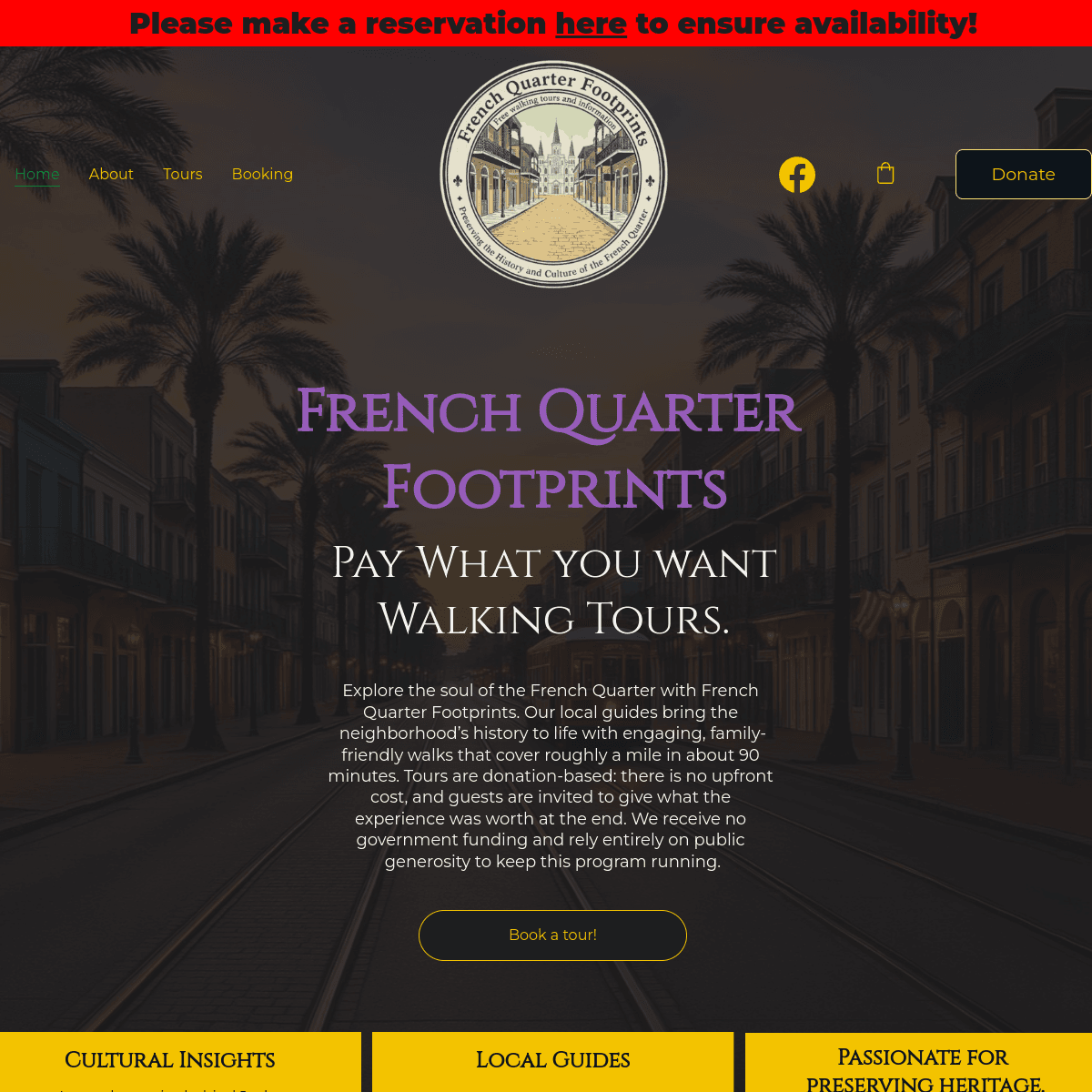 Homepage screenshot of French Quarter Footprints website.