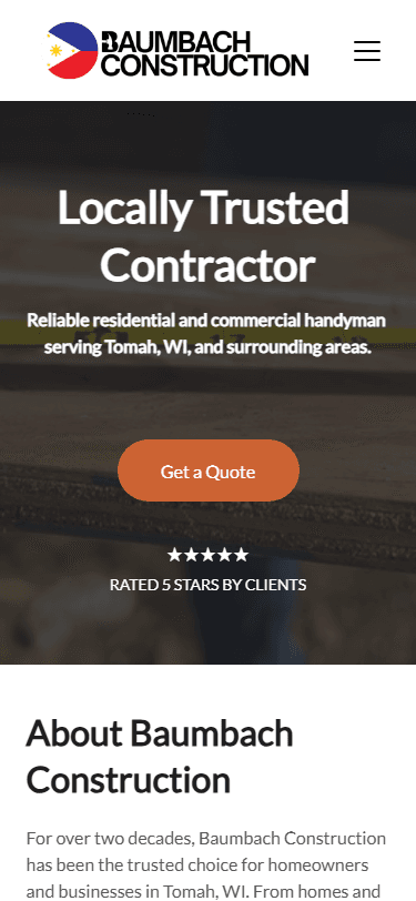Baumbach Construction homepage captured September 6, 2026, mobile view