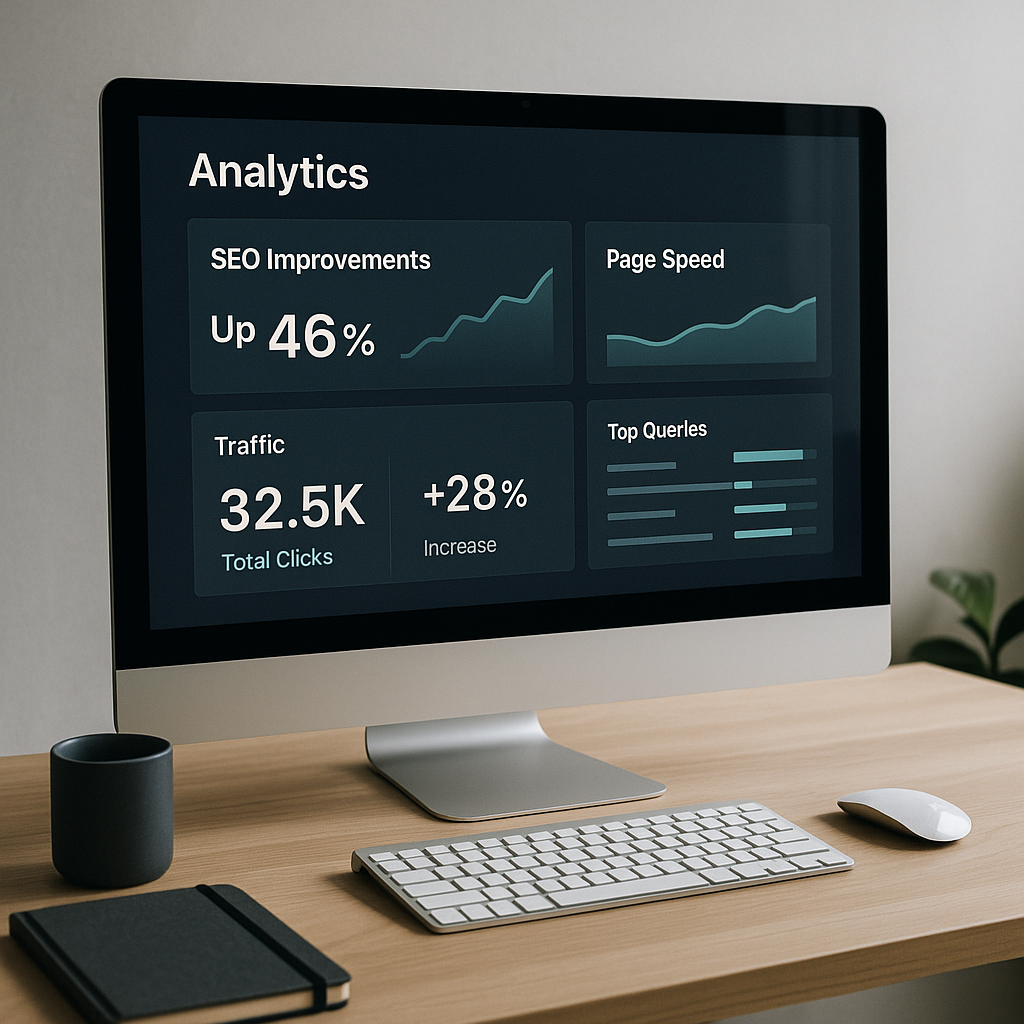 Monitor displaying an analytics dashboard with SEO metric improvements and faster page speed scores.