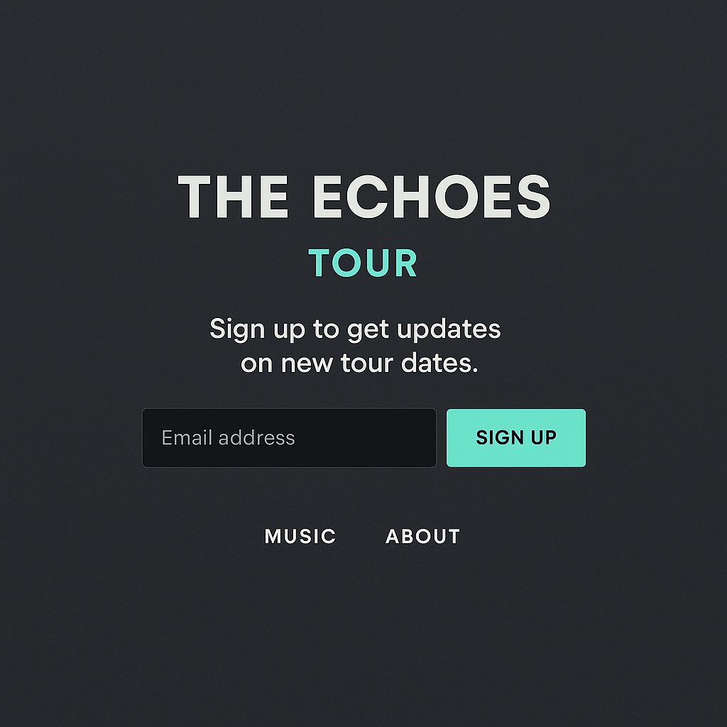 A minimalist landing page mockup for a music artist with a clear call-to-action button and branded design