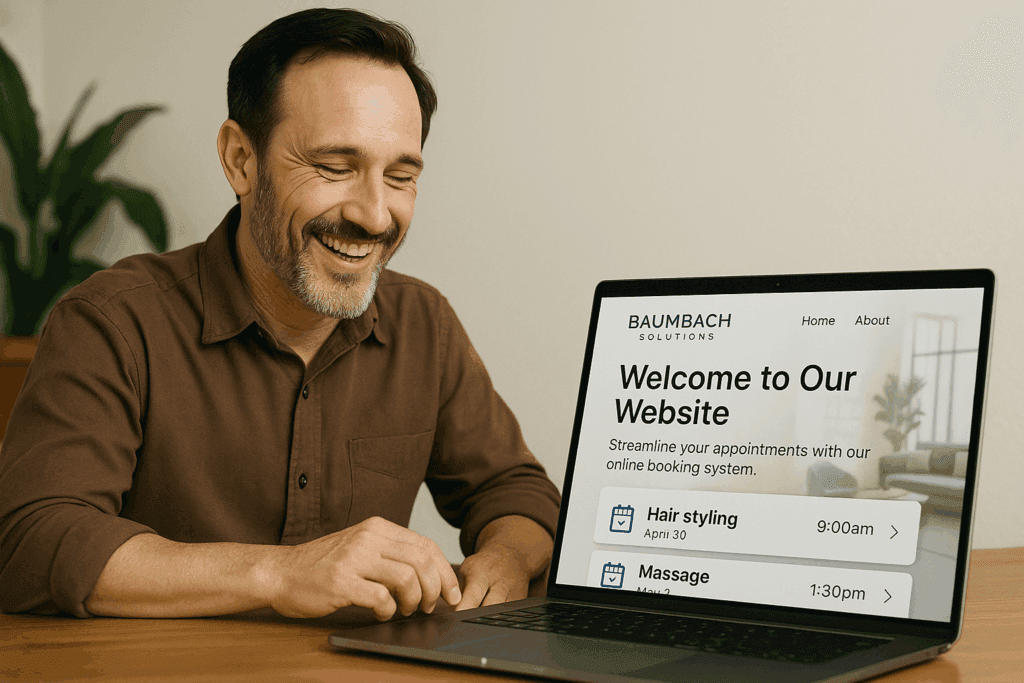 Happy business owner viewing their new Baumbach Solutions website on a laptop with booking confirmations on screen