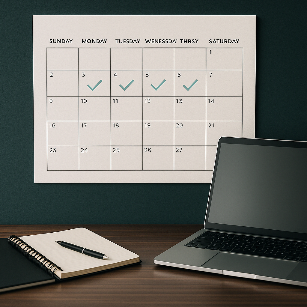 A desk calendar with weekly checkmarks next to a laptop, notebook, and pen.