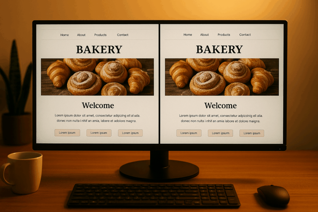Split-screen showing two nearly identical generic bakery website templates
