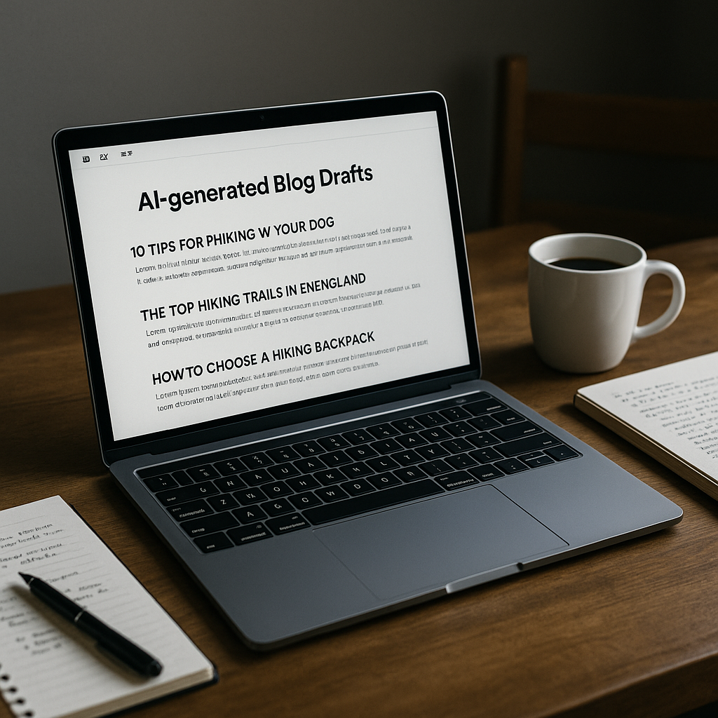Laptop screen showing AI-written blog drafts in a text editor next to notes and a cup of coffee.