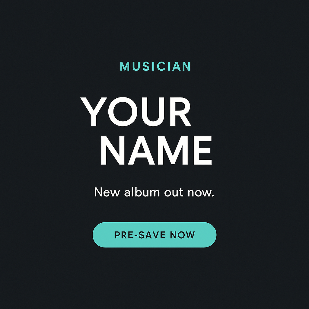 A minimalist landing page mockup for a music artist with a clear call-to-action button and branded design