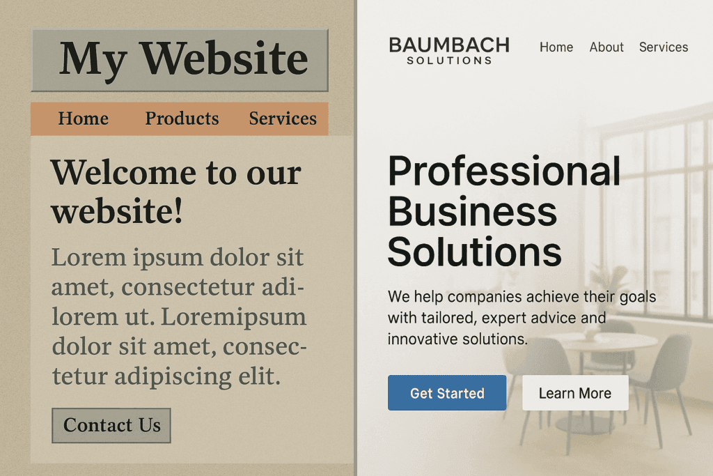Split-screen showing an outdated website vs. a clean, modern Baumbach-built site with clear CTA buttons