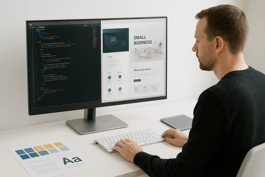 A web designer from Baumbach Solutions customizing an AI-generated website template to match a client’s branding