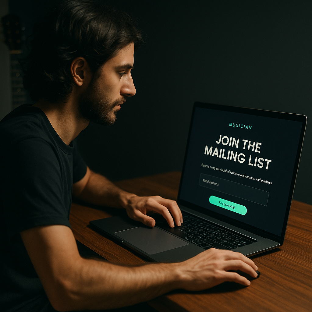 An indie musician at a laptop reviewing a clean landing page capturing fan email addresses