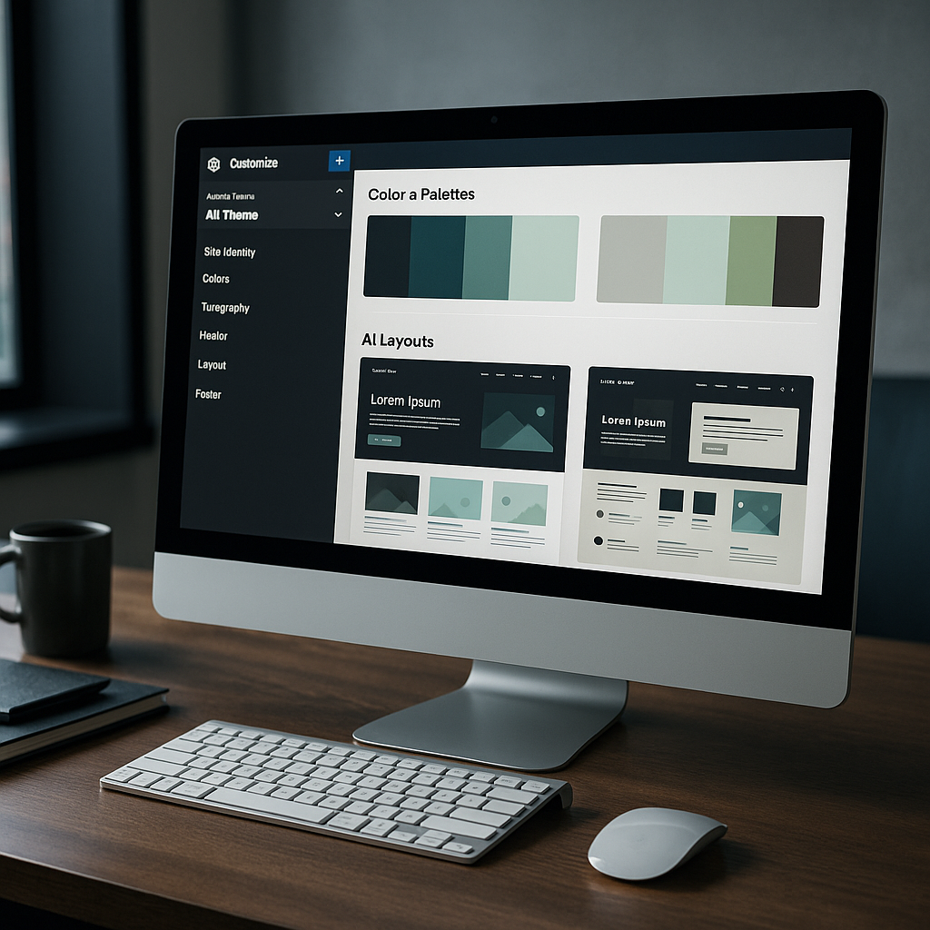 WordPress theme customizer displaying AI-generated color and layout options on a desktop monitor.