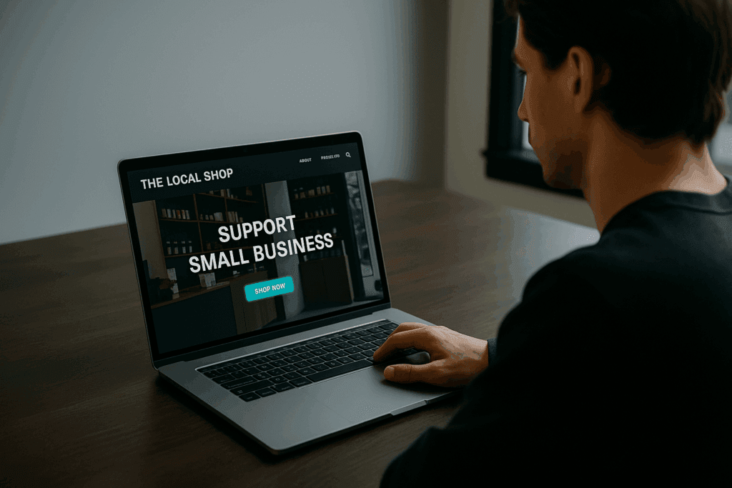 Person viewing a small business website on laptop, making a first impression decision