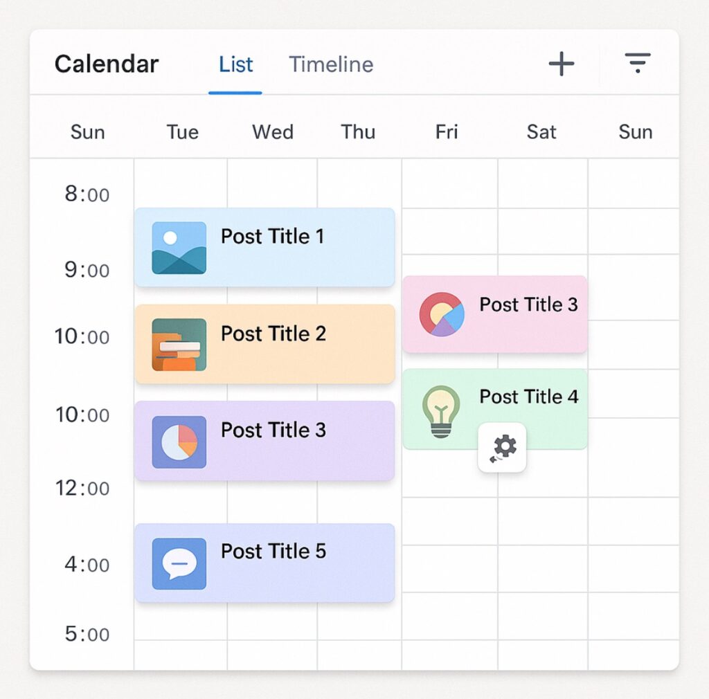 A content calendar dashboard showing scheduled posts and automation icons.